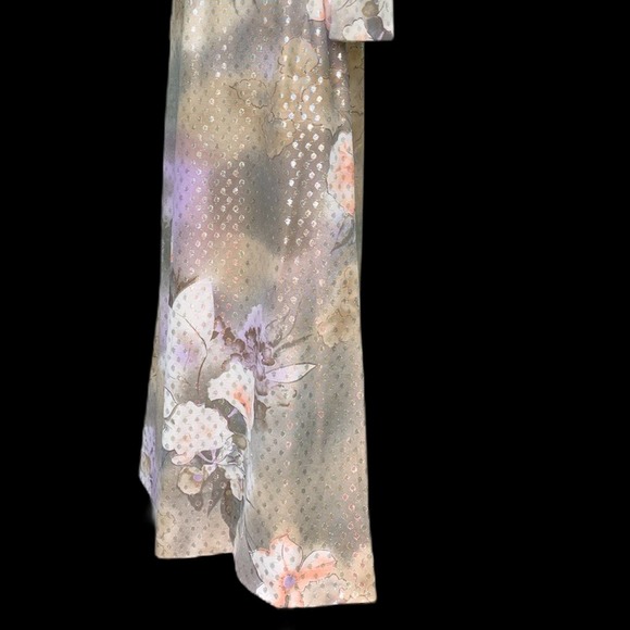 VINTAGE 70’s Belted Floral Maxi Gown Metallic Dot - Picture 13 of 15